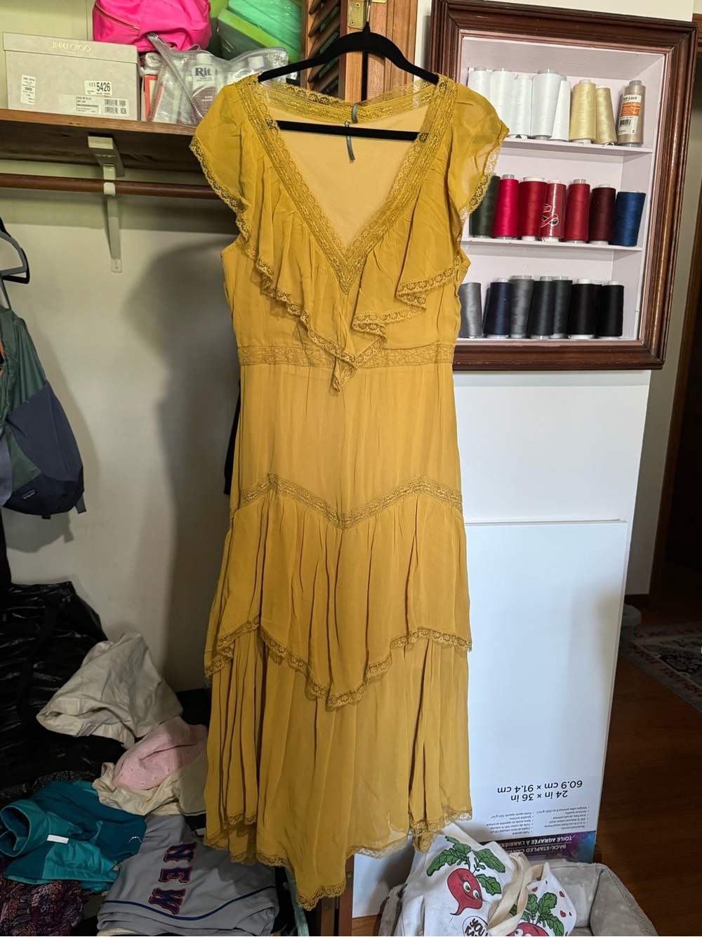 Anthropologie Mustard Yellow Maxi Dress with Ruffle V-Neck